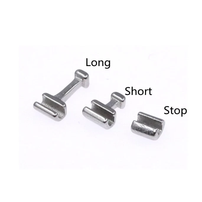 Three metal clips labeled 'Long', 'Short', and 'Stop' on a white background.