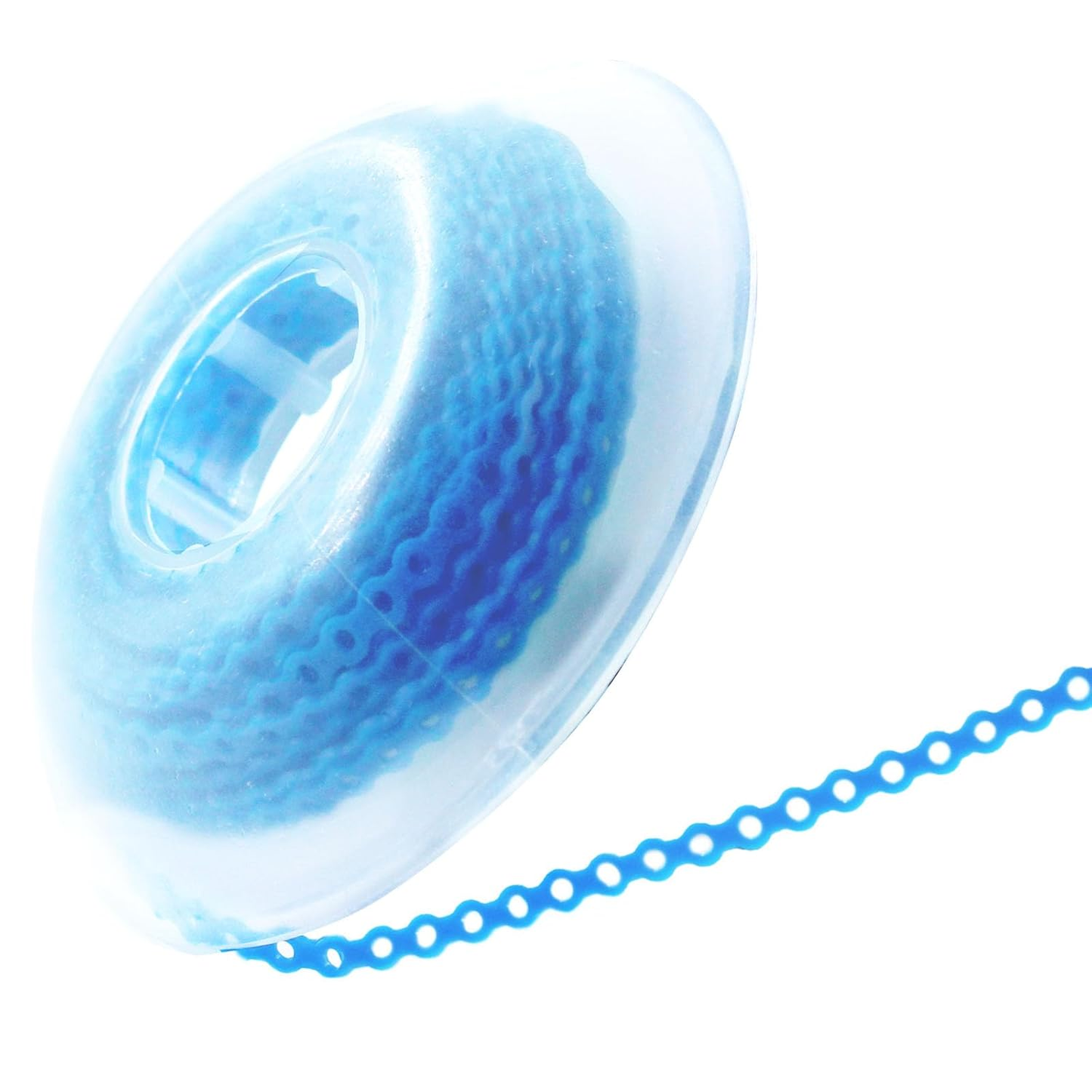 Close-up of a blue rubber band with a white background