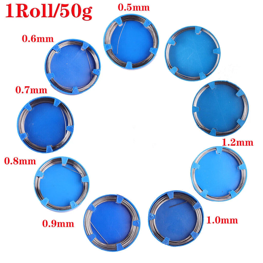Set of blue spools with metal wire, labeled with thickness measurements on a white background.