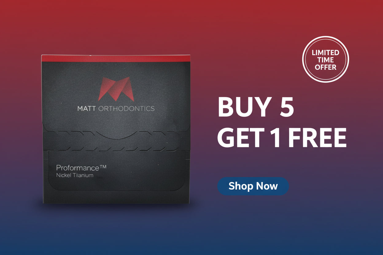 Black packaging box with red accent and 'Matt Orthodontics' branding on a white background