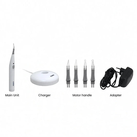 A dental laser scaler kit shown on a plain white background, including a white main unit, a white charging base, four gray motor handles, and a black power adapter. Small labels beneath each item read Main Unit, Charger, Motor handle, and Adapter.