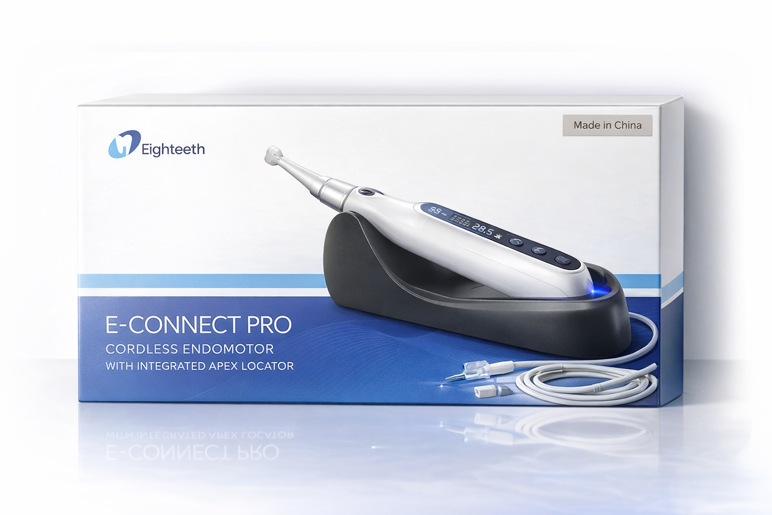 Eighteeth E-Connect Pro cordless endomotor packaging showing the ergonomic handpiece and digital interface.