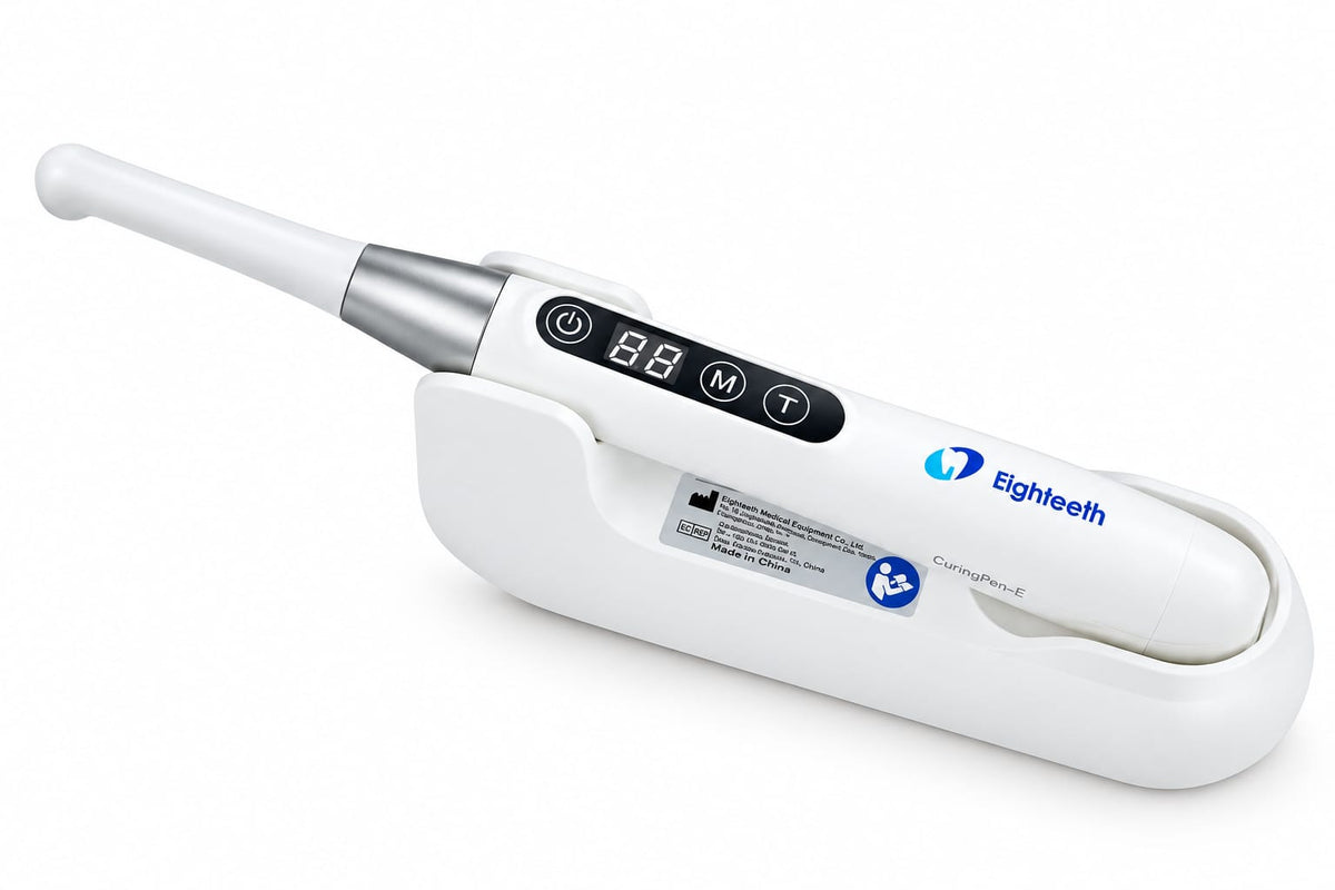 An Eightteeth CuratedSmile electric toothbrush shown with its charging dock on a clean white background.