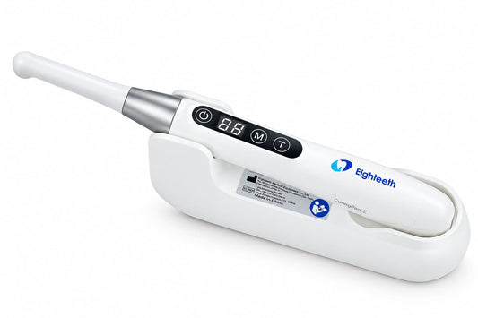An Eightteeth CuratedSmile electric toothbrush shown with its charging dock on a clean white background.