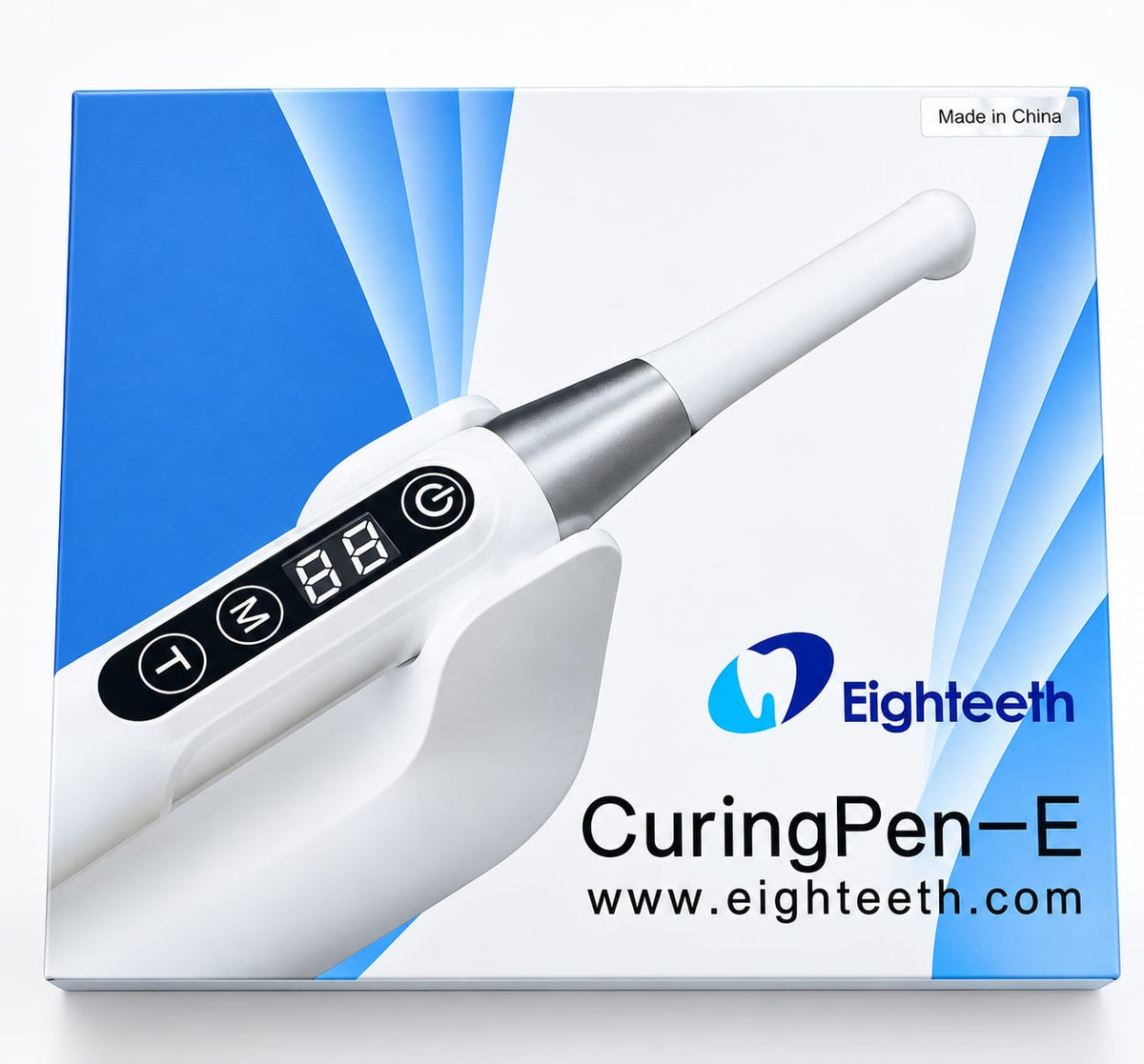 Eightteeth CuringPen-E dental curing pen in its retail packaging box, featuring a white and silver pen design with blue accents on a white background.