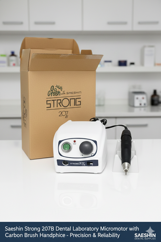 Saeshin Strong 207B control unit with connected handpiece and cradle for dental laboratory use.