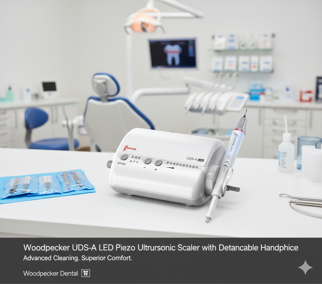 Woodpecker UDS-A LED ultrasonic scaler unit featuring an optical handpiece, digital control knobs, and scaling tips.