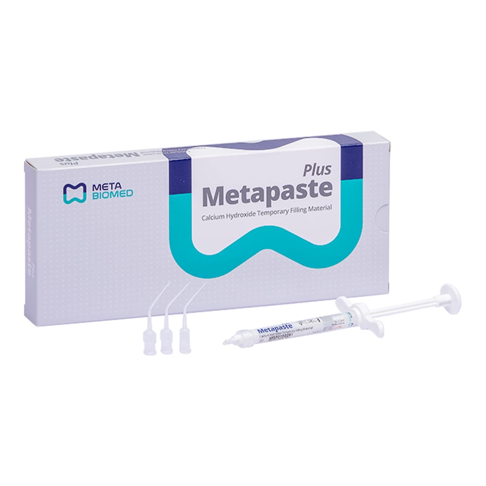 Box of Meta Biomed Metapaste Plus dental material with a syringe on a white background