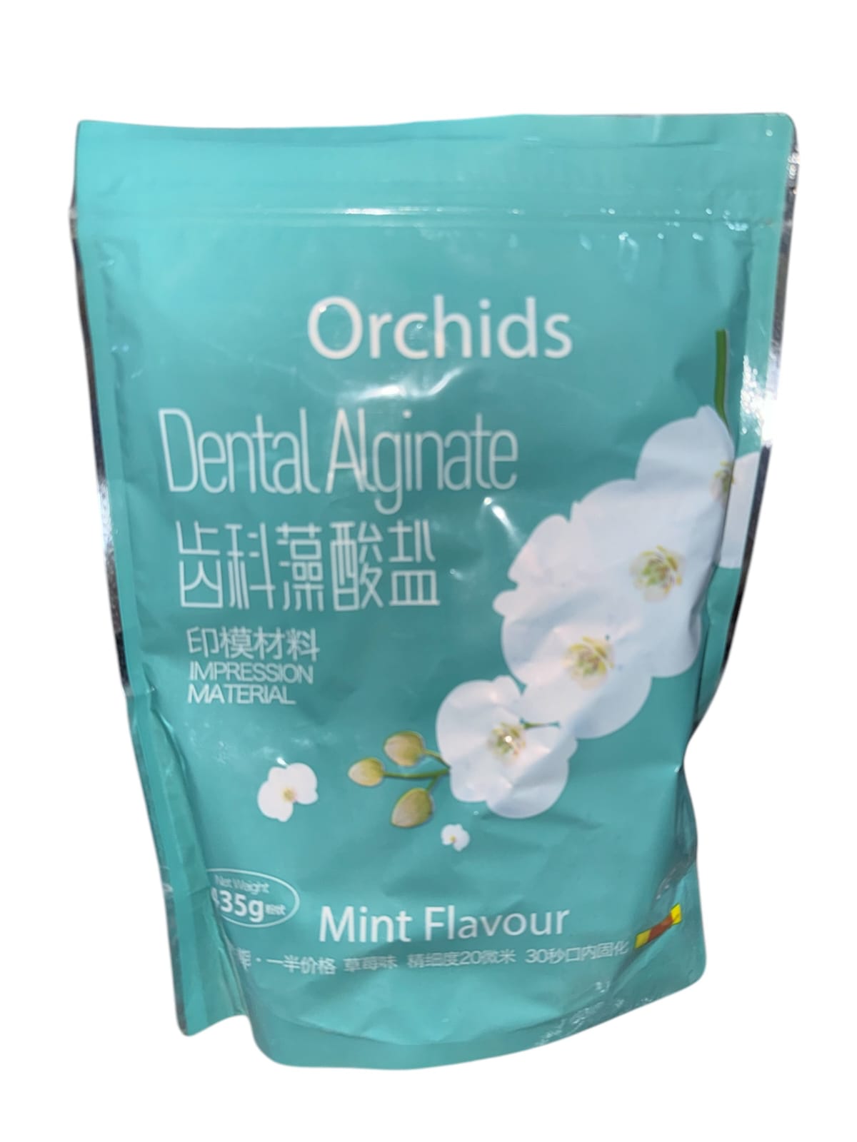 Packaging of Orchids Dental Alginates with floral design on a white background