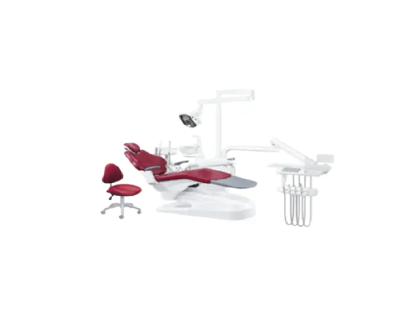 A white dental treatment chair set with red upholstered seating and accessories, including a matching red chair, on a plain white background.