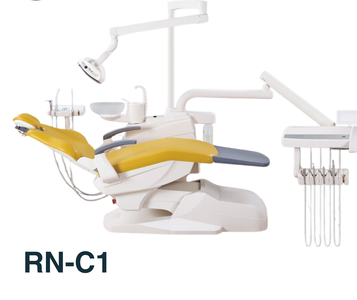 White dental operatory chair with yellow and gray accents, shown with attached dental arm, light, and instrument tray on a white background. The text 'RN-C1' appears in the lower left.
