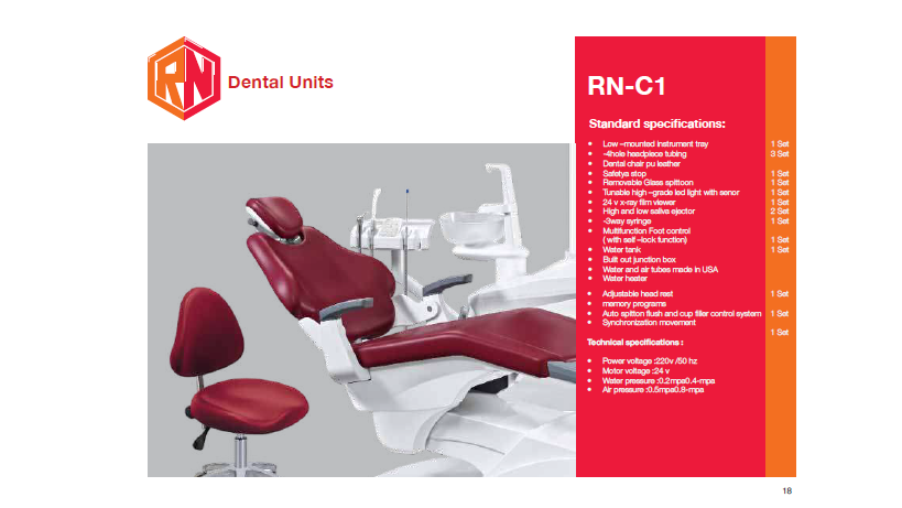 A catalog page for the RN-C1 Dental Units chair, showing a red and white dental chair with an attached chair seat on the left, and a red specification panel on the right with the RN logo.