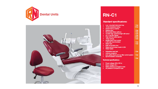 A catalog page for the RN-C1 Dental Units chair, showing a red and white dental chair with an attached chair seat on the left, and a red specification panel on the right with the RN logo.