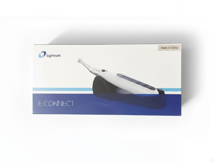 Eighteeth E-Connect Pro cordless endomotor packaging showing the handpiece and digital interface.