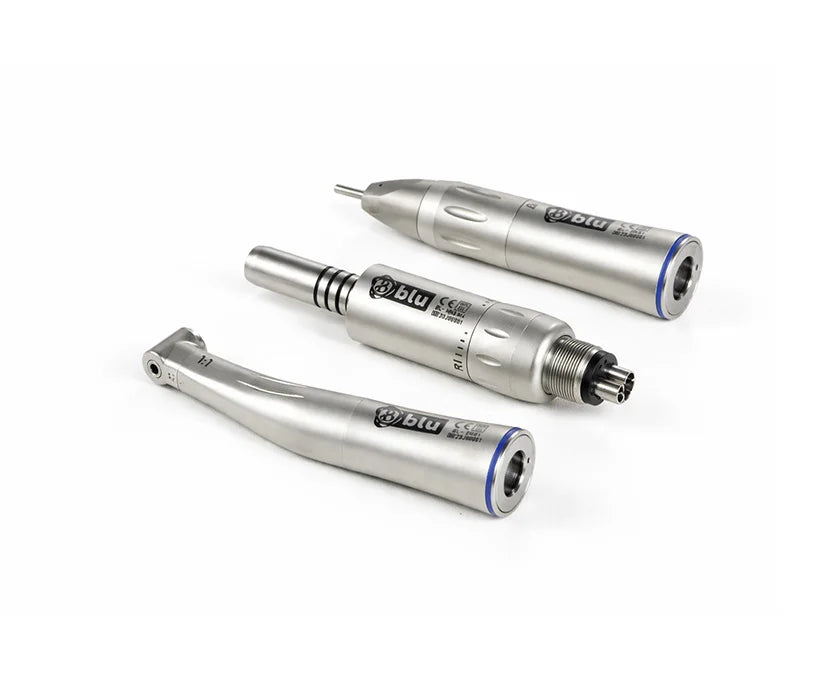 Three metallic dental handpieces with blue accent rings, displayed on a clean white background. Blu low speed dental handpiece internal water spray system kit