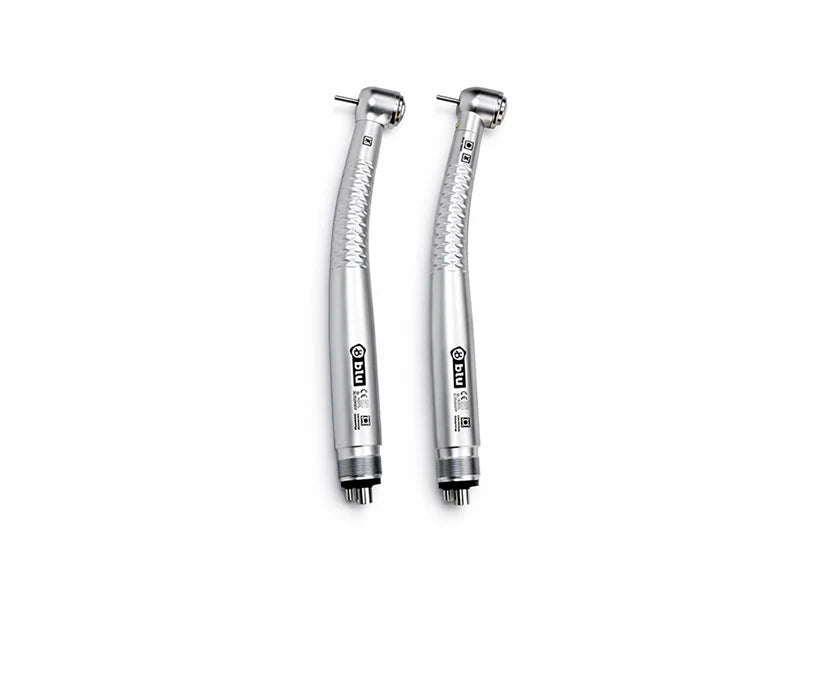 Two silver dental handpieces with textured handles and black bases, displayed side-by-side on a plain white background. Blu stainless steel high torque LED high-speed dental handpiece