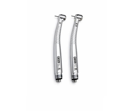 Two silver dental handpieces with textured handles and black bases, displayed side-by-side on a plain white background. Blu stainless steel high torque LED high-speed dental handpiece