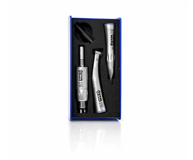 A 3-in-1 professional dental laser scaler kit in its blue presentation box, featuring a silver and black rotary handpiece with interchangeable heads. Blu low speed dental handpiece internal water spray system kit