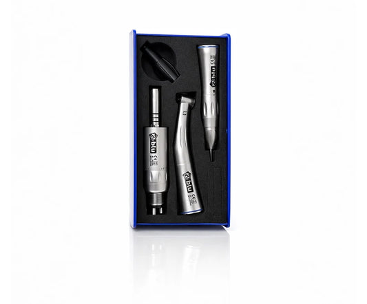 A 3-in-1 professional dental laser scaler kit in its blue presentation box, featuring a silver and black rotary handpiece with interchangeable heads. Blu low speed dental handpiece internal water spray system kit