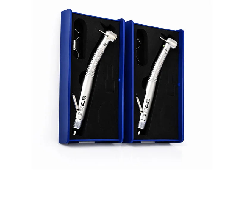 Two silver dental handpieces displayed inside open blue presentation boxes with black foam inserts, photographed on a white background. Blu stainless steel high torque LED high-speed dental handpiece