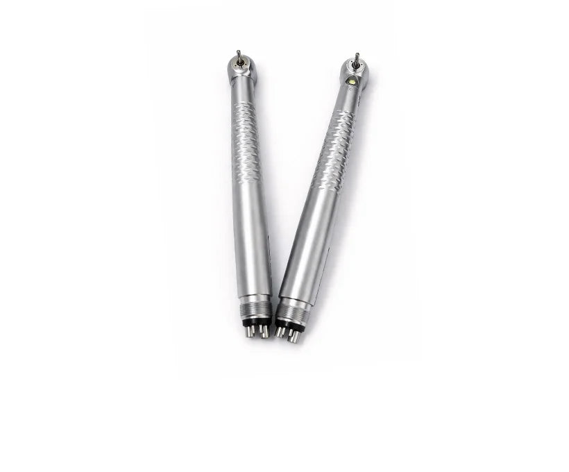 Two metallic silver cylindrical tools with textured grip sections and pointed ends, shown standing upright on a plain white back ground .Blu stainless steel high torque LED high-speed dental handpiece
