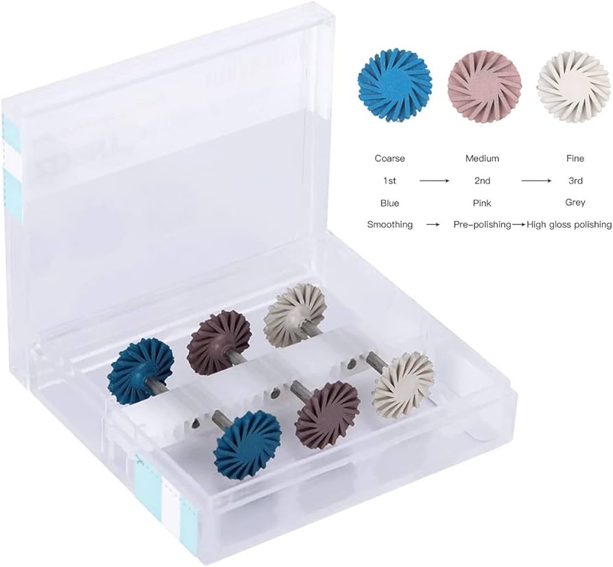 Set of sanding discs in a clear plastic case with color differentiation chart.