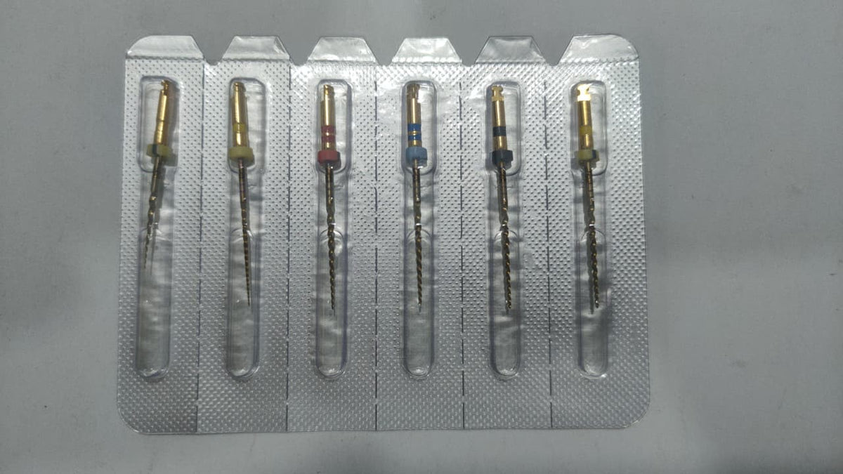 Eighteeth E-FLEX GOLD rotary endodontic files in a six-piece blister pack