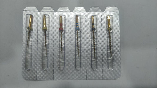 Eighteeth E-FLEX GOLD rotary endodontic files in a six-piece blister pack