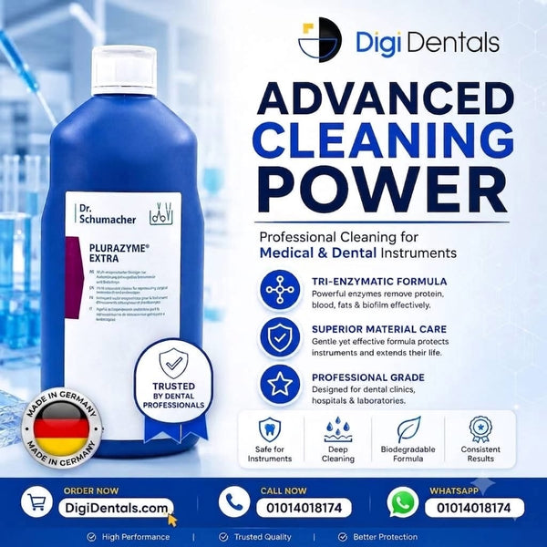 A bottle of Dr. Schumacher Plurazyme Extra dental cleaning solution shown next to a large promotional graphic for Digi Dentals.