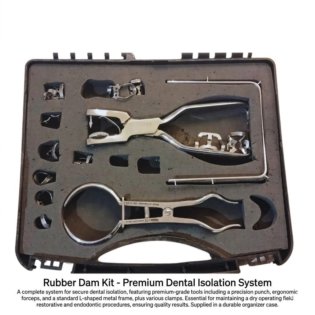 Rubber dam kit with dental tools in a black case on a white background