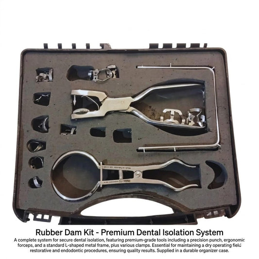 Rubber dam kit with dental tools in a black case on a white background