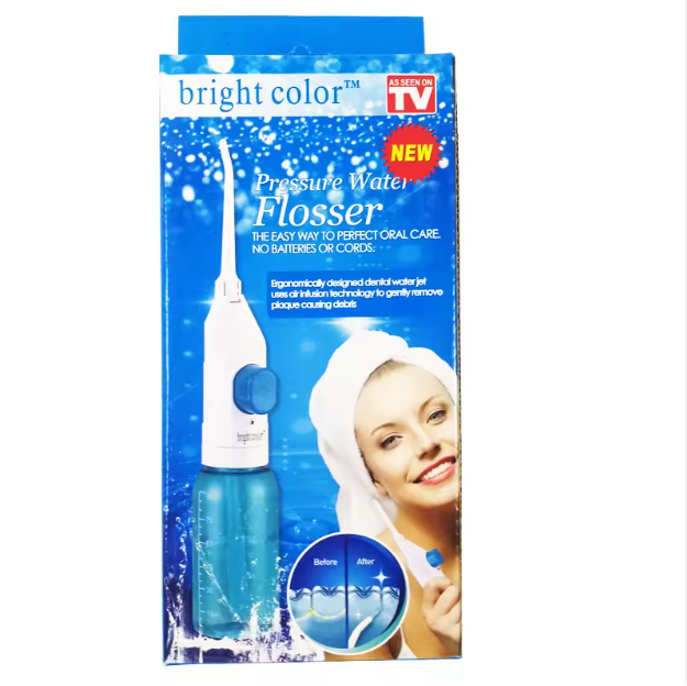 Package of a pressure water flosser with a blue and white design, featuring a woman using the product.
