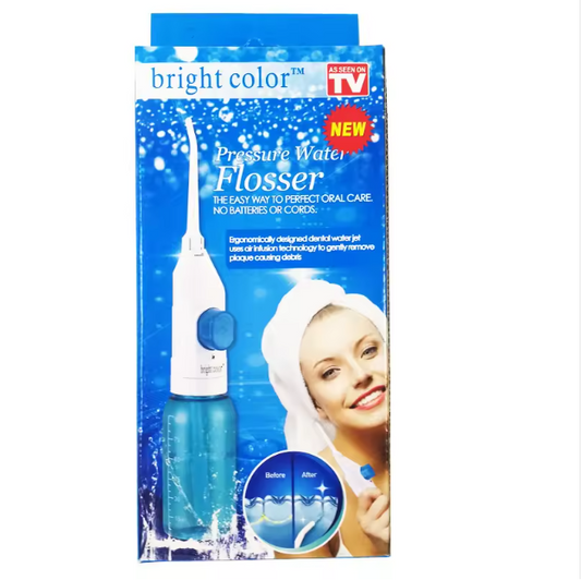 Package of a pressure water flosser with a blue and white design, featuring a woman using the product.