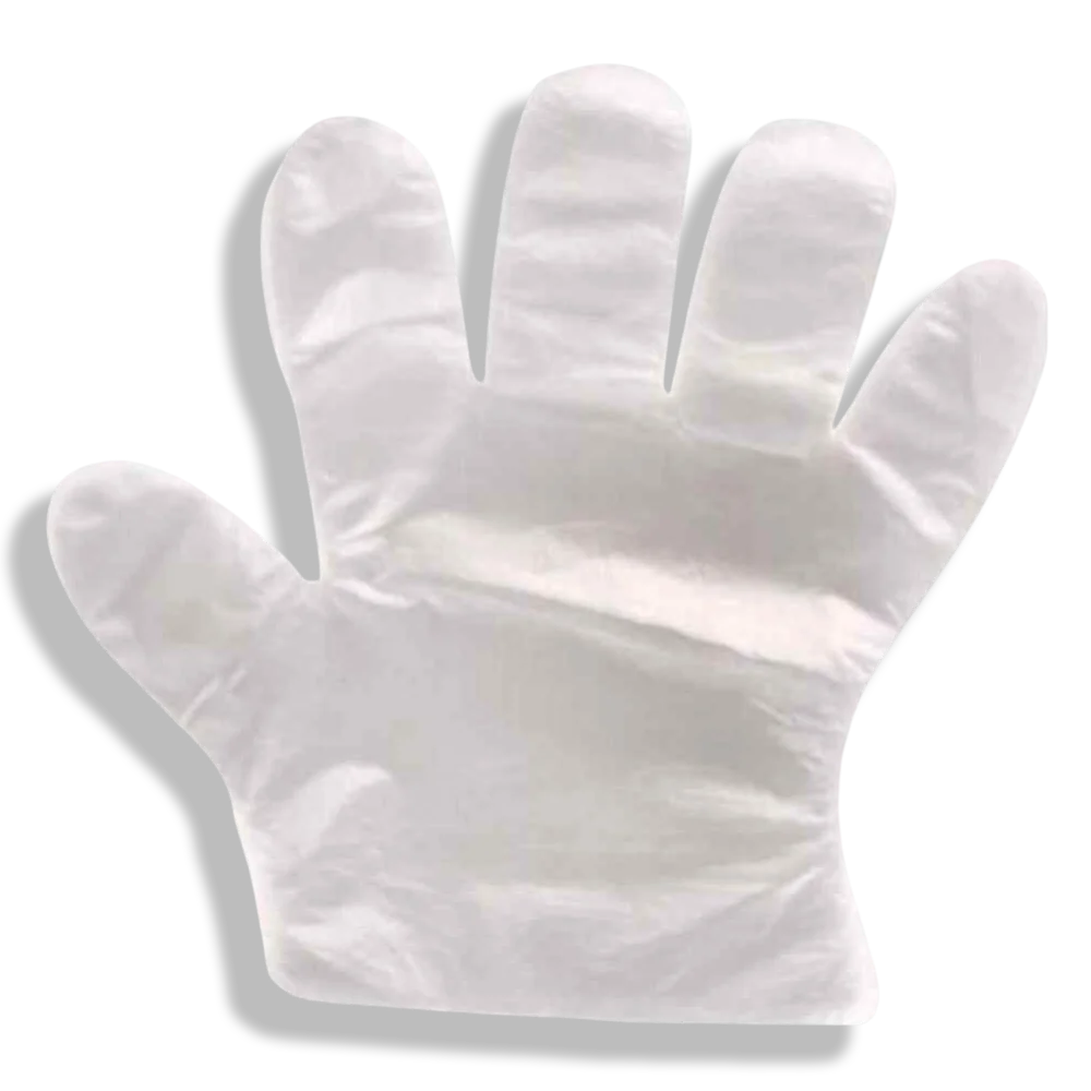 Pack of 100 clear disposable light over-gloves for clinical cross-contamination prevention.