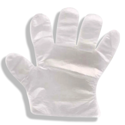 Pack of 100 clear disposable light over-gloves for clinical cross-contamination prevention.