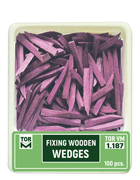 Pack of 100 color-coded anatomical wooden dental fixing wedges for matrix systems.