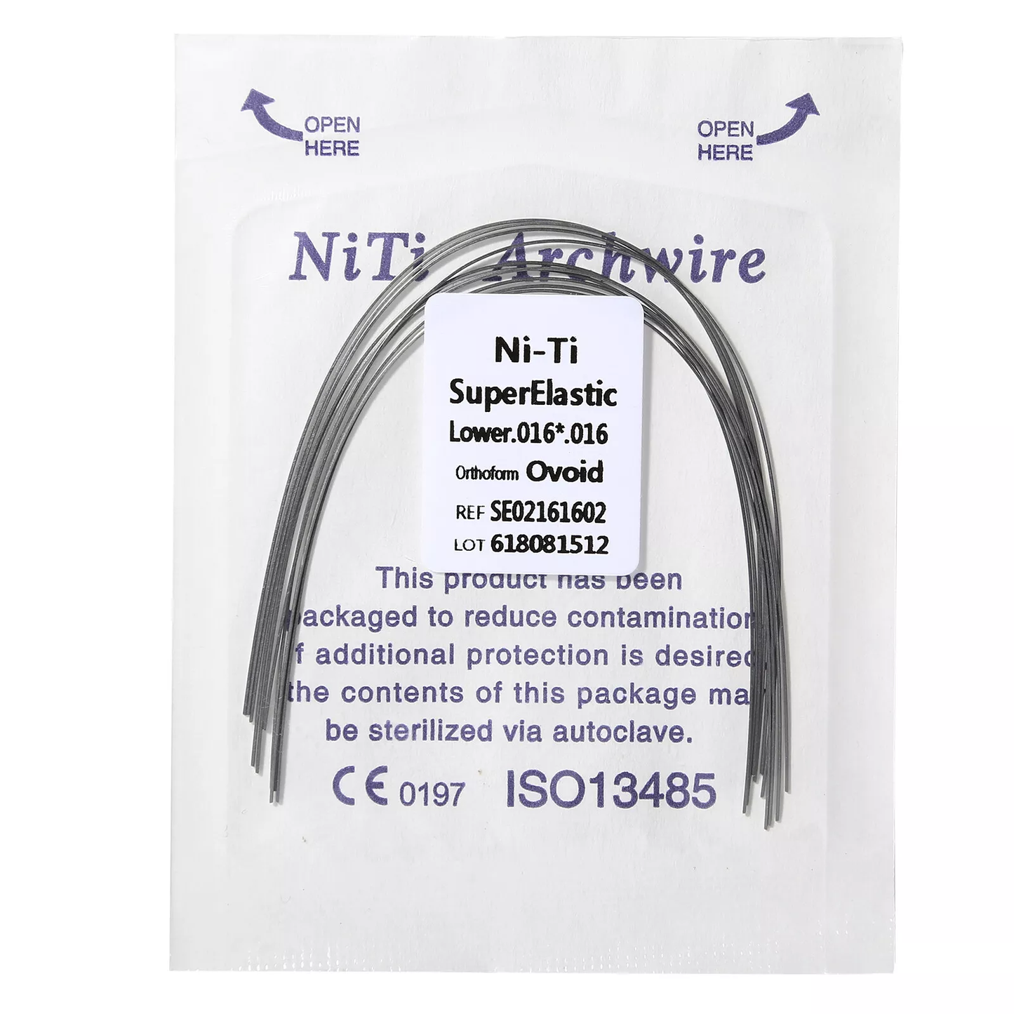 Pack of 10 preformed NiTi and Stainless Steel orthodontic arch wires in ovoid shape.
