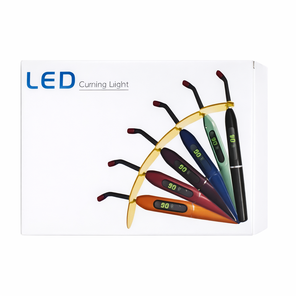 Universal wireless LED dental curing light featuring a digital display, orange light shield, and various color options.