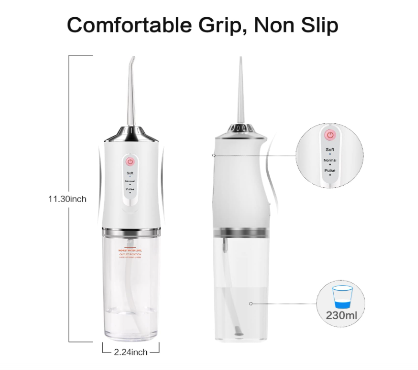 Portable cordless water flosser with 230ml detachable tank, multiple cleaning modes, and interchangeable nozzles.