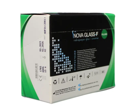 Nova Glass-F radiopaque glass ionomer filling cement kit with powder bottle liquid dropper and mixing accessories