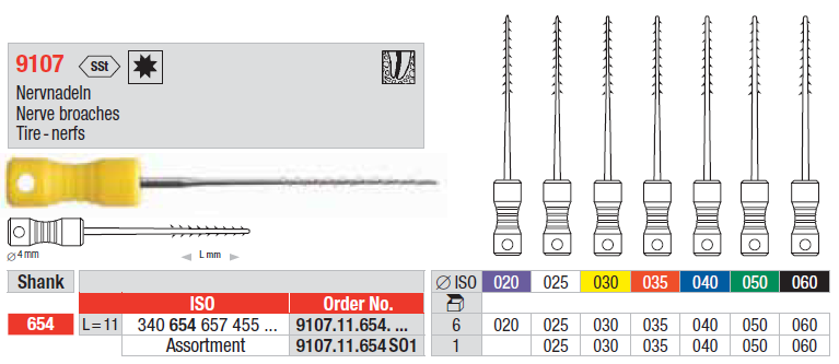 Set of dental nerve broaches with measurement details on a white background