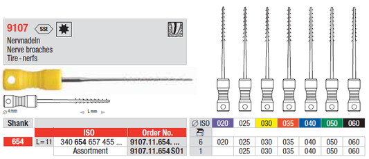 Set of dental nerve broaches with measurement details on a white background