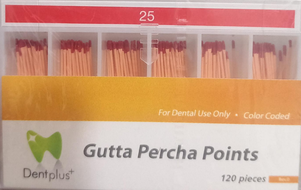 DentPlus gutta percha points .02 taper assorted ISO sizes box of 120 points for root canal obturation