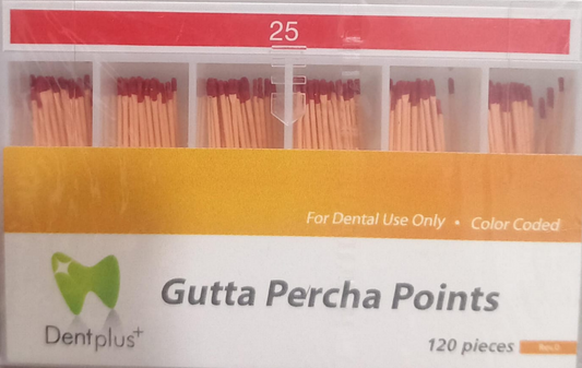 DentPlus gutta percha points .02 taper assorted ISO sizes box of 120 points for root canal obturation