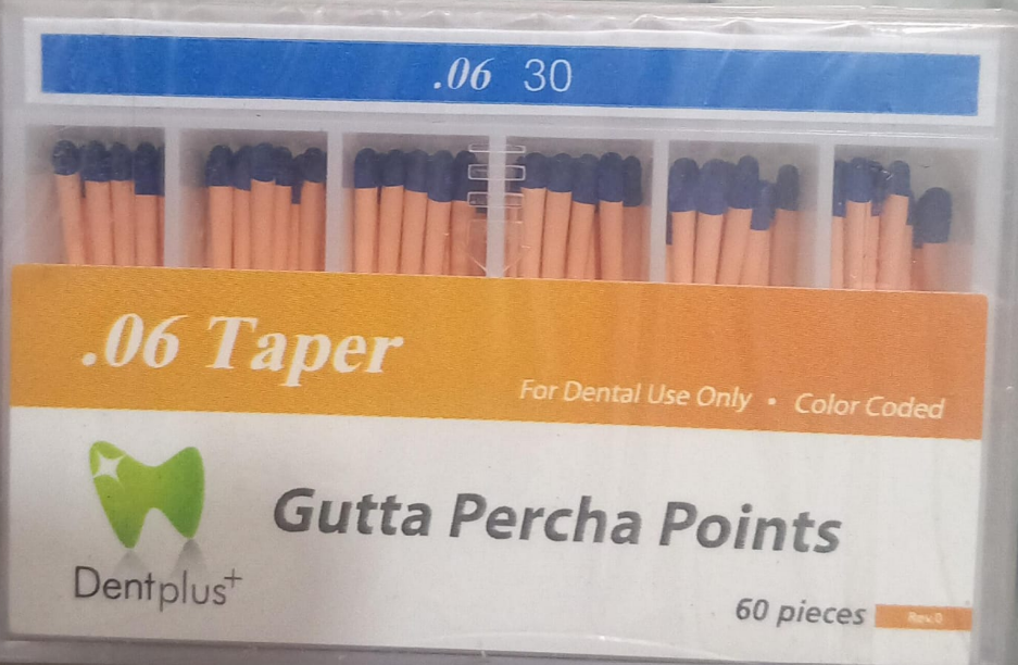 DentPlus gutta percha points .06 taper assorted ISO sizes box of 60 points for root canal obturation