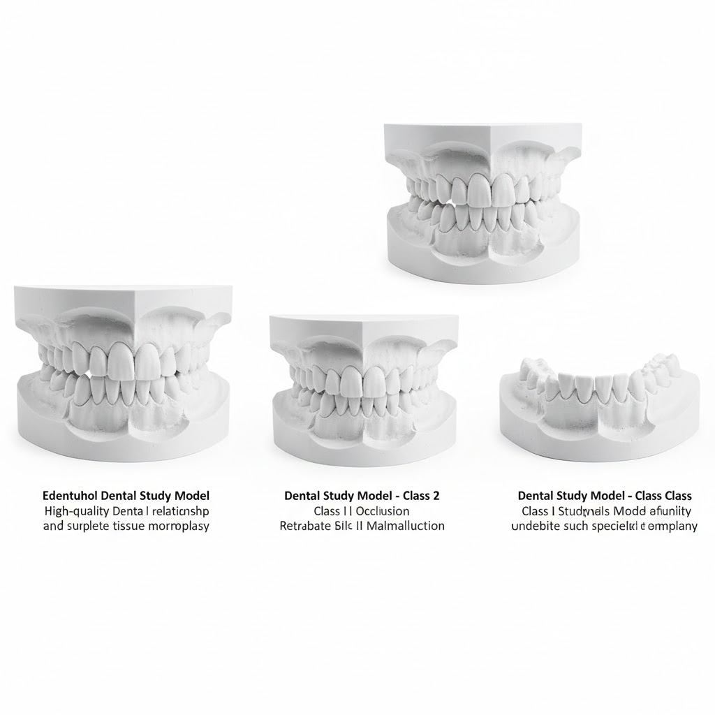 Anatomical dental study models showing Class I, II, and III malocclusions for patient education.