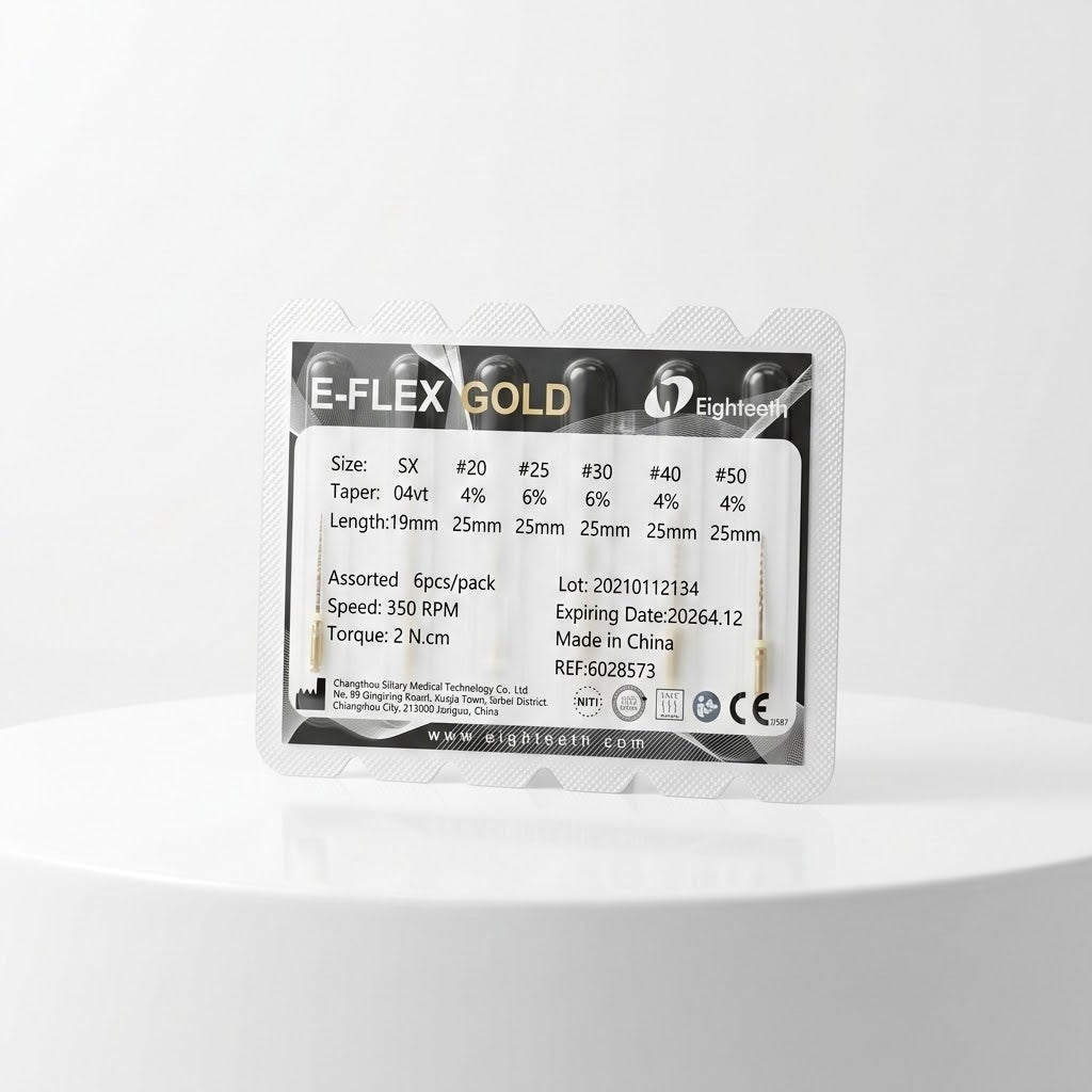 Eighteeth E-FLEX GOLD rotary endodontic files in a six-piece blister pack