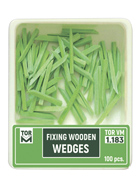 Box of flying wooden wedges with green packaging