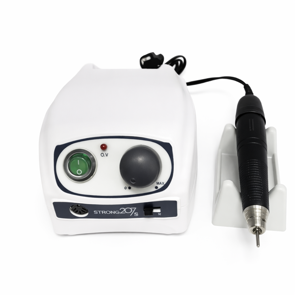 Saeshin Strong 207B control unit with connected handpiece and cradle for dental laboratory use.