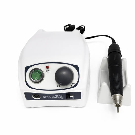 Saeshin Strong 207B control unit with connected handpiece and cradle for dental laboratory use.